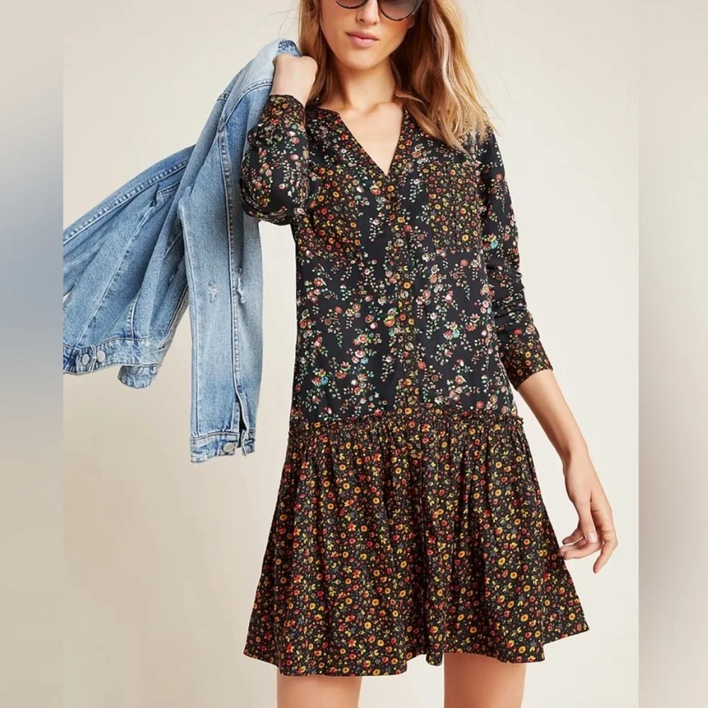 Anthropologie Maeve Marlie Button-Front Tunic Floral Long Sleeved Dress 8 - Picture 1 of 12